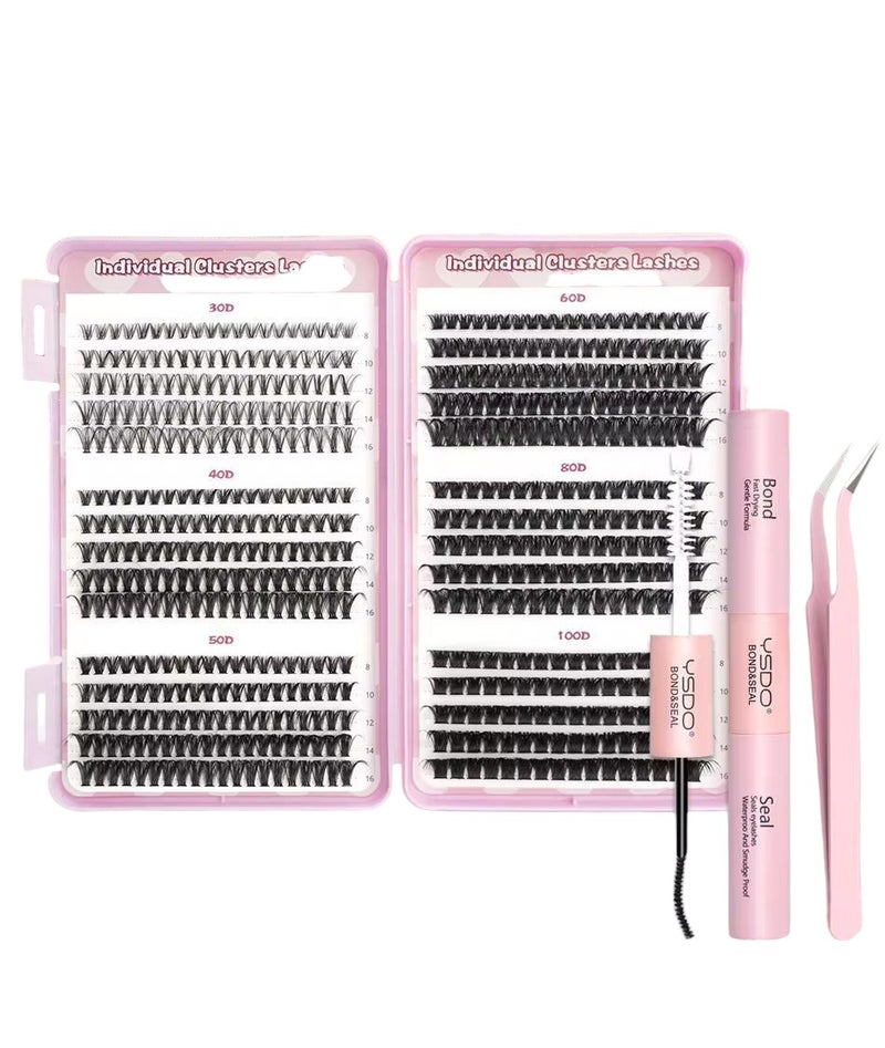 Professional Individual Cluster Lashes Kit 30D-100D - DIY Eyelash Extensions with Bond, Seal, and Tweezers - Mixed Lengths 8-16mm - Image 1